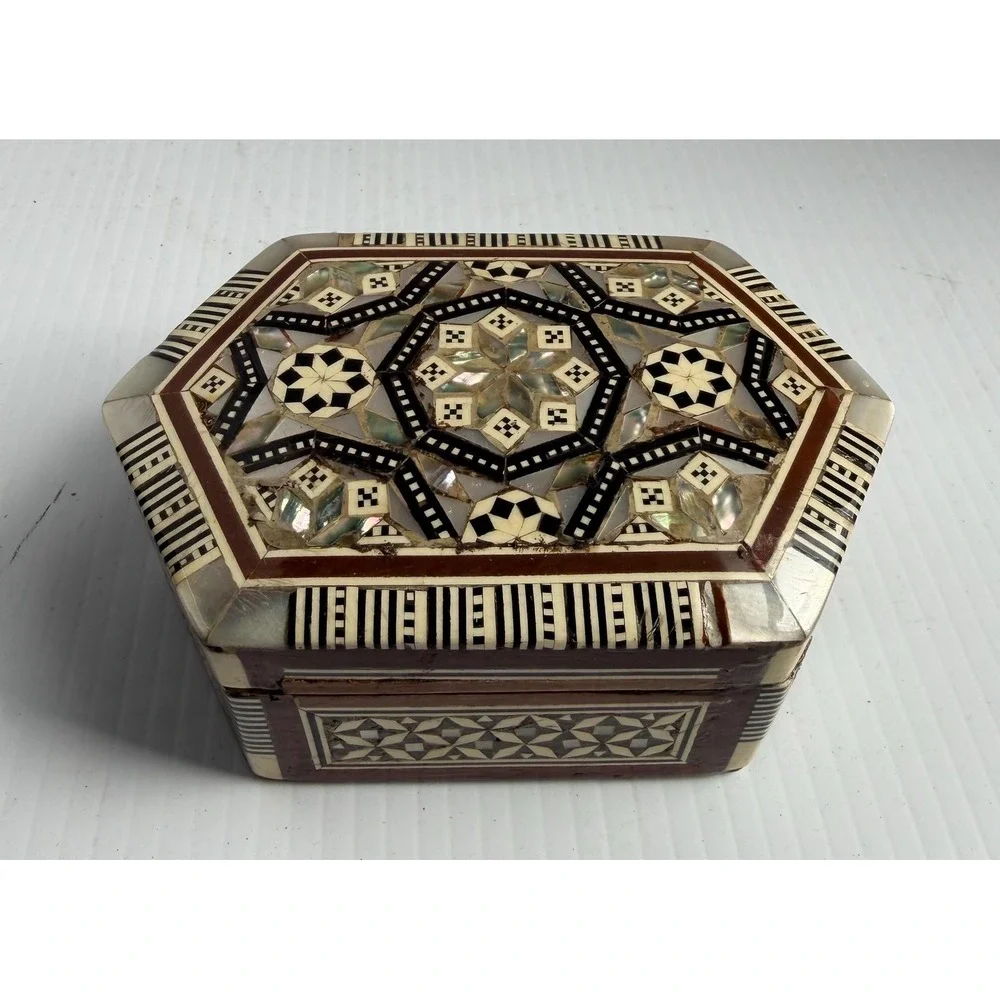 Vintage Egyptian Handmade Wood Jewelry Box Hexagon Mother of Pearl Inlay Mosaic